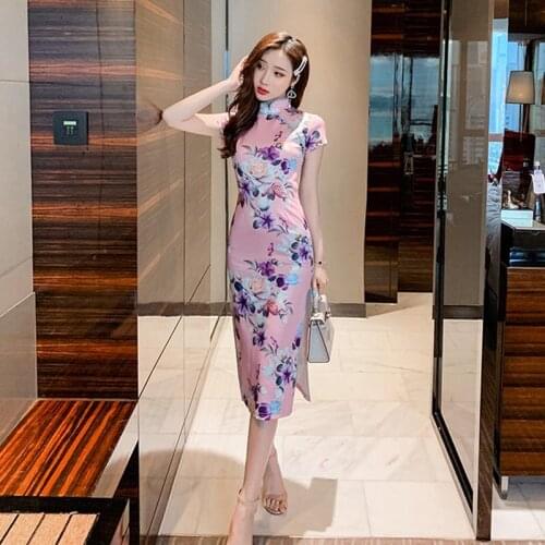 Women Chinese Cheongsam Lingerie Sexy Long Modern Qipao Dress China Oriental Style Dresses Split Printing Qi Pao Costume