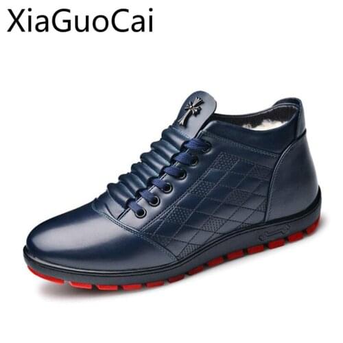 Genuine Leather Winter Men Boots Lace-up Plush Fur Snow Boots for Men Flat Shoes Blue Leather Male Boots Z500 35