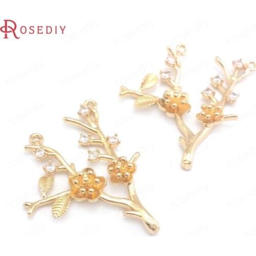 39995)10PCS 24K Champagne Gold Color Brass with Zircon Plum Bossom Branch Connect Charms Pendants Diy Jewelry Making Supplies