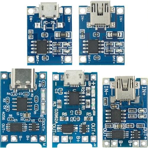 10PCS type-c/Micro USB 5V 1A 18650 TP4056 Lithium Battery Charger Module Charging Board With Protection Dual Functions 1A Li-ion