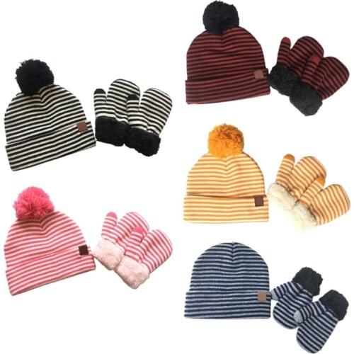 2pcs Infant Baby Striped Wool Beanie Hat Gloves Mitten Set Fake Ball Pom Pom Cap 28GD