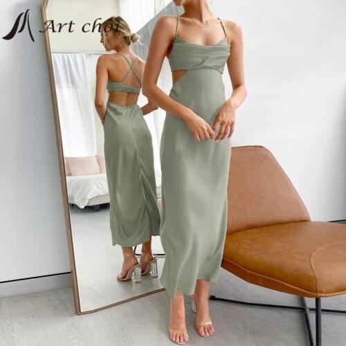 2021 Satin Sexy Slip Evening Spaghetti Strap Dresses Women Summer Bodycon Hollow Out Backless Deep V Neck Sundress Party Vestido