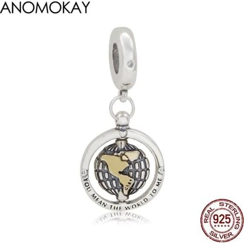 Anomokay Novelty Travel the World Silver Charm Pendant for DIY Bracelet & Bangle Can Rotate Round 925 Silver Pendant