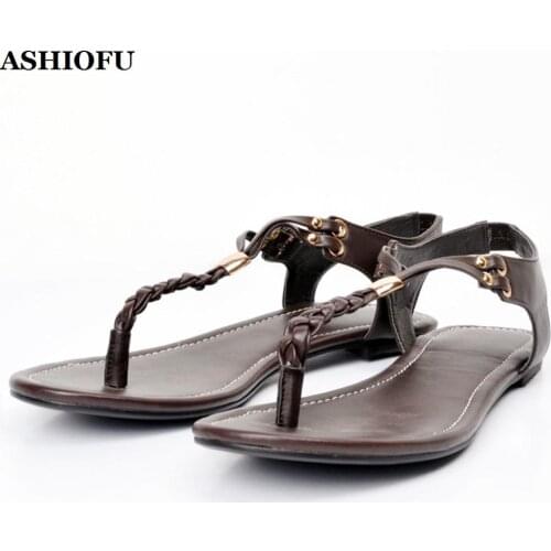 ASHIOFU New Hot Sale Womens Flat Sandals T-strap Girls School Beach Summer Shoes Large Size Outdoor Fashion Female Sandal Shoes
