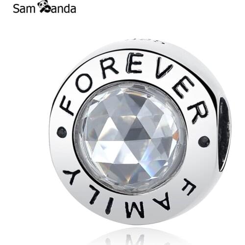 Authentic 100% 925 Sterling Silver Family Forever Charms Big Clear CZ Crystal Beads Fit Pandora Bracelets DIY Jewelry