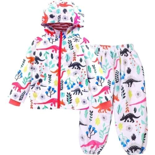 Kids Raincoats for Girls and Boys Cute Dinosaur Printing Raincoat Set Windproof Hooded Jacket Outdoor Travel Rain Suits Children
