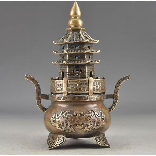 Chinese Brass Buddha Exorcism Handwork Old Hammered Pagoda Totem Incense Burner