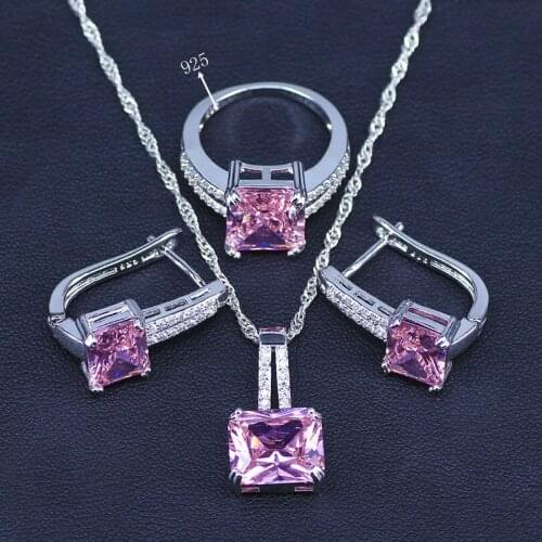 Bridal Silver Color Jewelry Sets Pink Zirconia Stone Earrings For Women Wedding Jewelry With Ring Pendant Necklace Set