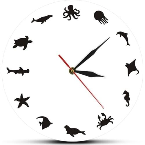 Sea Animals Design Wall Clock Octopus Iconic Silhouette Marine Sea Horse Wall Art Dolphin Ocean Animals Home Decorative