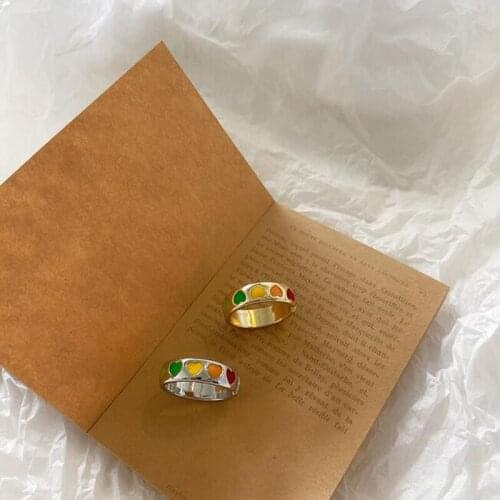 New Vintage Bohemia Colorful Enamel Love Heart Ring Cute Simple Metal Gold Silver Color Rings for Women Punk Rock Jewelry