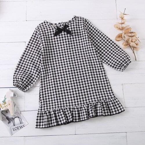 Toddler Kids Plaid Fashion Baby Girl Autumn Dress Ruffles Puff Long Sleeves Party Casual Dress Clothes With Bow