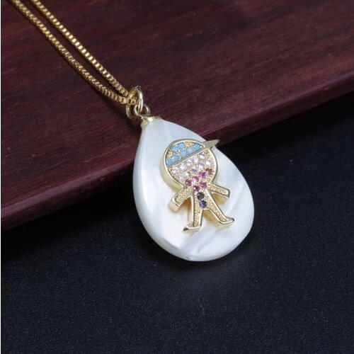 White clear cz glass paved gold kid boy statue charm white water drop shell pendant choker necklace for women mother grandmother
