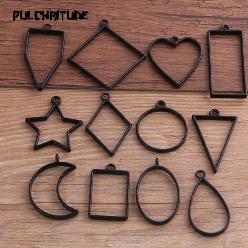 10pcs/lot 12 Styles Black Color Alloy Jewelry Accessories Geometry Charm Hollow Glue Blank Pendant Tray Bezel 11A