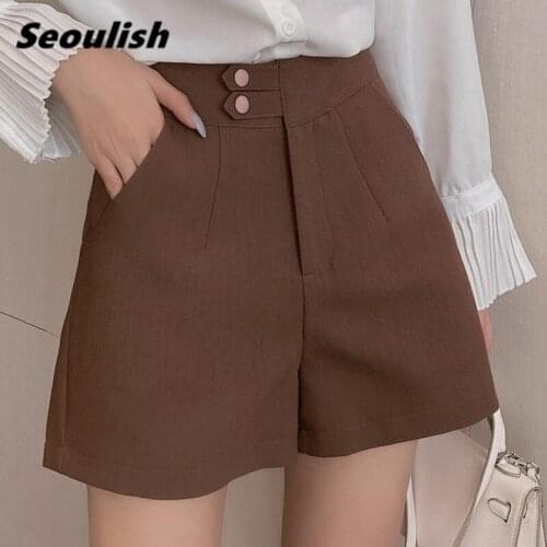 Seoulish Summer 2021 New Casual Womens Shorts Button High Waist Chic Wide Leg Shorts Female Elegant Loose Trousers Pocket