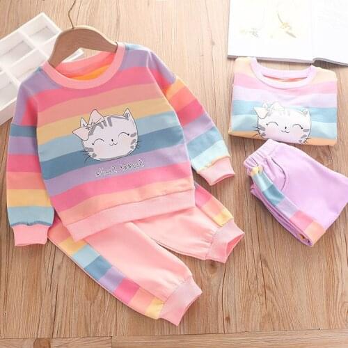 2Pcs Little Girls Rainbow Stripe Tracksuit Autumn Kids Clothing Sets Cartoon Cat Print Sweatshirt Pant Clothes Set
