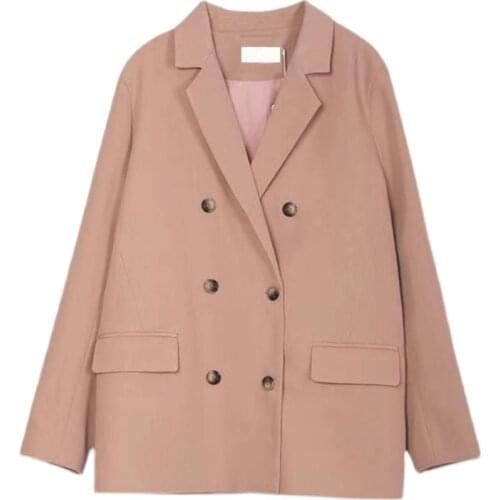 SURUFENG New 2021 Autumn Womens Blazers Double Breasted Pockets Formal Jackets Casual Ladies Loose Outerwear Tops Mujer Vestido