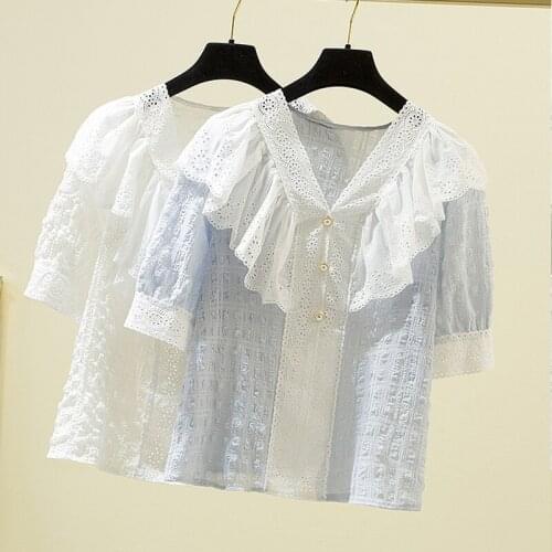 Plus Size 4XL 2021 Summer Lace Blouse Women New Short Sleeve Ruffle Patchword V Neck Loose Shirt Sweet Fashion Women Tops 14211