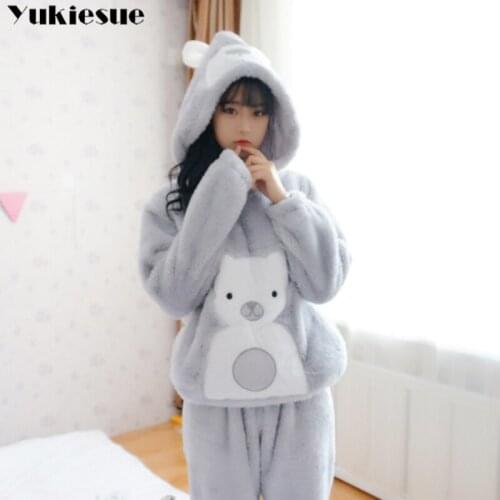 Long Sleeved Pant Women Pajama Sets hooded Cartoon Animal O-Neck Warm Coral Velvet Womens Suit 2018 Winter Fashion Sleepwear