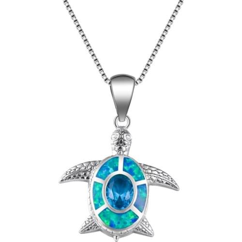 Purple Crystal Aqua Blue Necklace White Opal Oval Stone Turtle Pendant Necklace Boho Black Gold Silver Color Necklaces For Women