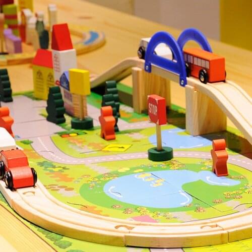 40pcs Wooden Toy Building Block Car Track Urban Railroad Overpass Traffic Scene Combination