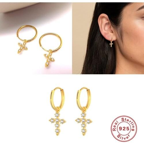 Aide 100% 925 Sterling Silver Zircon Cross Pendant Dangle Charm Drop Earrings For Women Piercing Ohrringe Punk Fine Jewelry