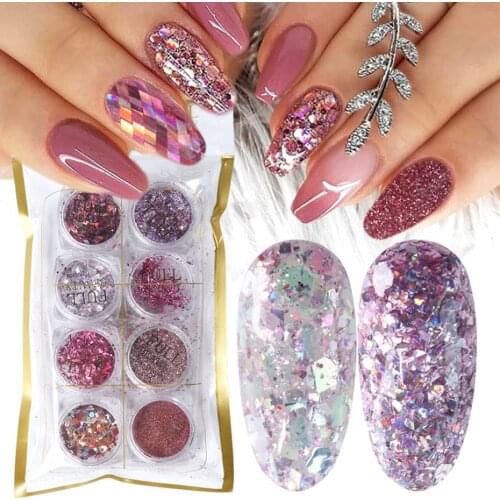 8 Box Mix Glitter Nail Art Powder Flakes Set Holographic Sequins for Manicure Polish Nail Decorations Shining Tips LA1506-05-2