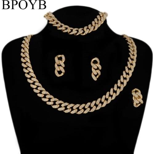 BPOYB Luxury Glowing Iced Out Rhinestone Chuky Cuba Chain Necklace Fashion Hip Hop Rani Haar Gold Coral Bead Jewelry Set African