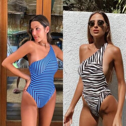 One Piece Swimsuit 2021 Sexy Swimwear Women Striped Print Bodysuit Backless Bathing Suit Summer Beachwear Swimming Suit Monokini