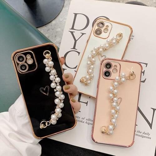 Gimfun Love Heart Pearl Chain Phone Case for iPhone 12 11 Pro Max 7 8 Plus X XR XS Max Glitter Diamond Wrist Strap Soft Tpu Case