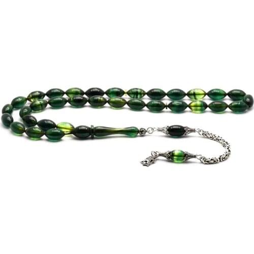 Rosary with 925 Sterling Silver Tassel and Barley Cut Light Green Amber Stone Natural Stone Beads Prayer Islamic Muslim Tasbih