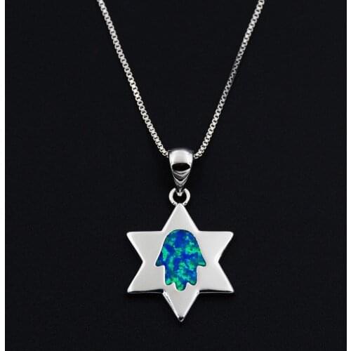 Ocean Blue Opal Star of David Jewish Hamsa Hand Religion Pendant Necklace with Lab-created Opal