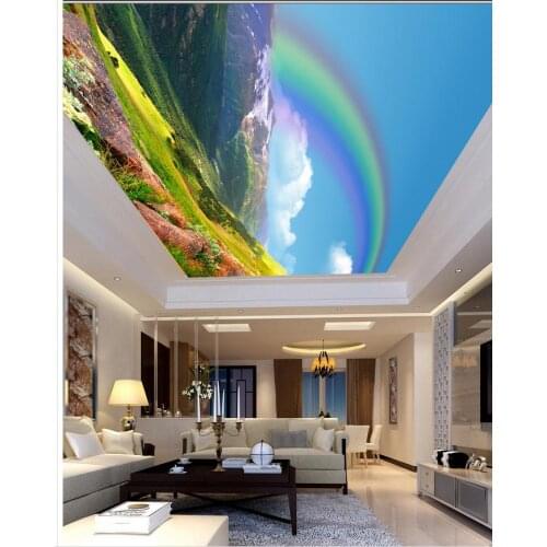 Flowers rainbow ceiling living childrens room TV background 3d mural wallpaper ceilings