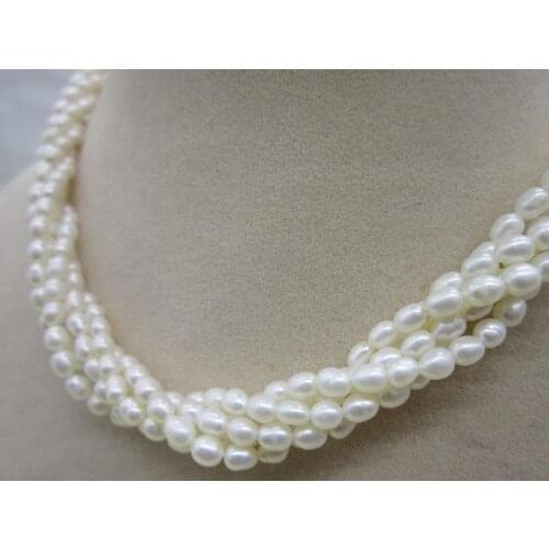CLASSIC 18inch 3-4mm south sea white 5 stand pearl necklace 925silver clasp