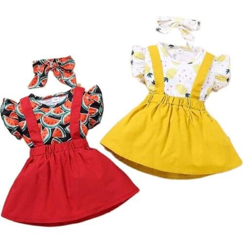 3pcs Girls Clothing Sets New Summer Fruit printed T-shirt+Suspender Dress Headband for Kids Clothing Sets Baby Clothes Outfits