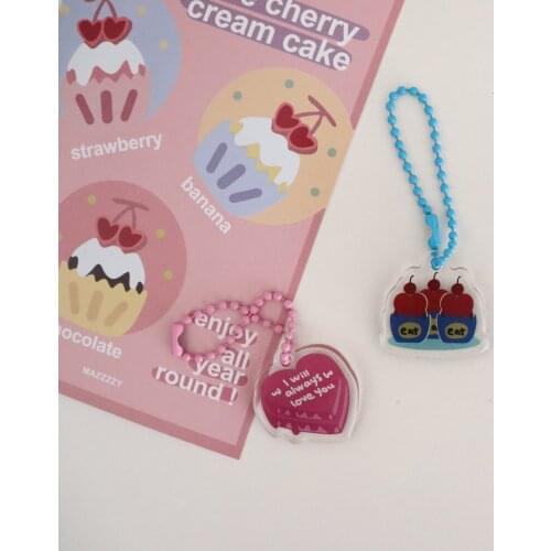Korean Ins Cherry Love Cake Acrylic Pendant Cartoon Cute Key Chain Airpods Pencil Bag Diy Decorative Accessories Key Management