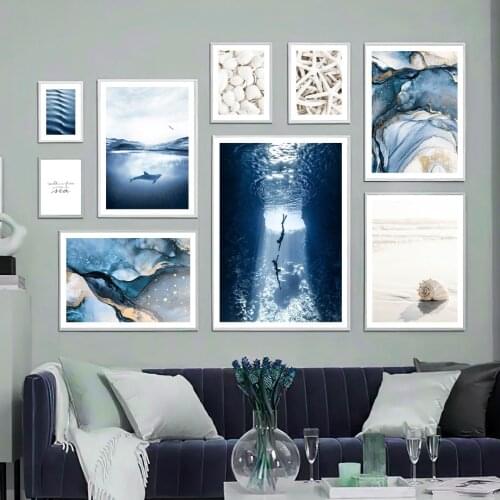 Nordic poster diving couple dolphin blue bow wave beach shell wall art print canvas painting decoration picture living room