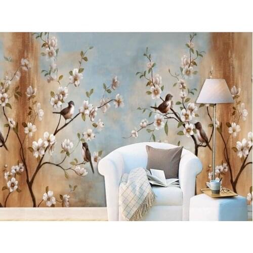 Wallpaper 3d flower European hand-painted oil complex of ancient birds branch apricot flower pear Home Decoration