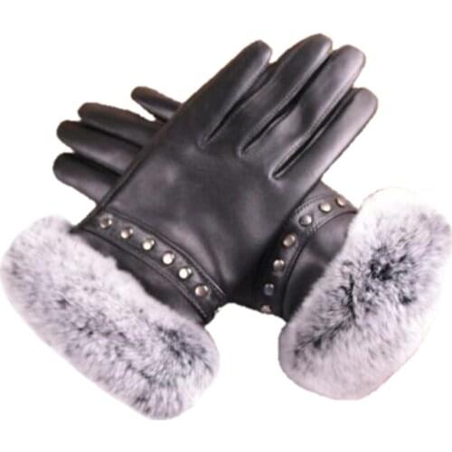 Autumn and winter warm women riding gloves genuine sheepskin leather fox fur cuff gloves Punk style gloves