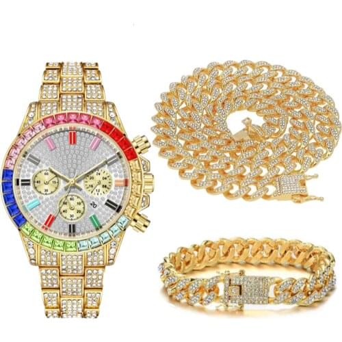 Necklace Bracelet Rapper Hip Hop Miami Cuban Chain Iced Out Paved Men Dubai Jewelry Sets for Mens Women Gold Watch Colorful Gift