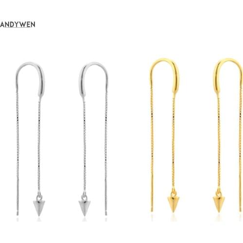 ANDYWEN 925 Sterling Silver Gold Chain Lighting Cross Thread Earring Pendiente Largo Pincho Clip Spike Luxury Long Drop Piercing