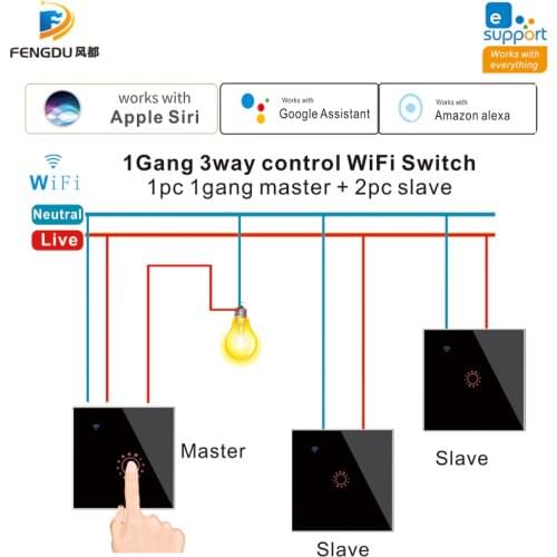 1Gang 2Gang 3Gang 3 Way WiFi Control eWeLink WiFi Smart Touch Light Switch Works with Siri, Alexa and Google Home Voice Vontrol