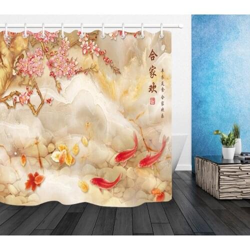 72'' Bathroom Waterproof Fabric Shower Curtain 12 Hooks Anti-Mildew Bath Accessory Sets Chinese Style Autumn Red Carp In River