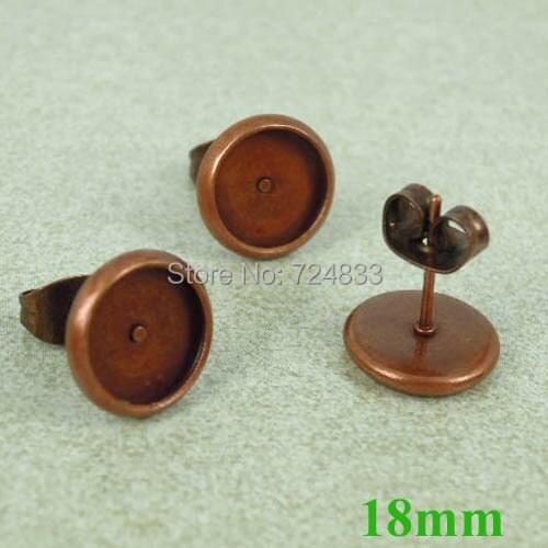 18mm Antique Copper tone Blank Earrings Bases Round Bezel Stud Pin Earrings Post w/ Stopper Earring Settings Findings Wholesale