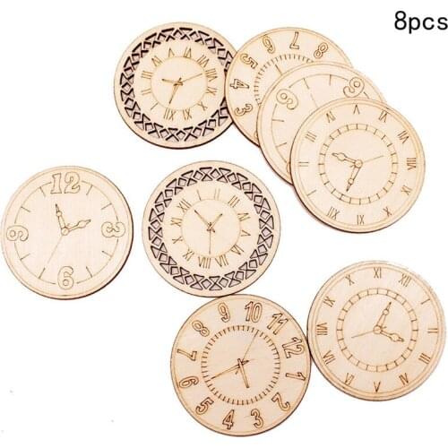 8pcs/lot wooden craft hanging pendant Creative clock pattern DIY round pure wood piece home decoration holiday party wall sticke