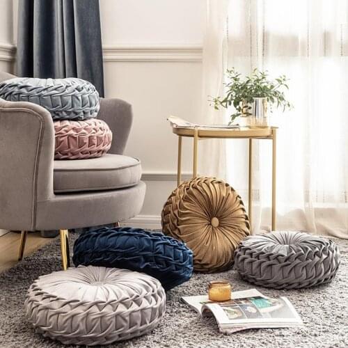 Europe Style Velvet Pleated Round Floor Seat Cushion Pumpkin Pillow Pouf Soft Throw Home Sofa Decor Back Cushion with Core