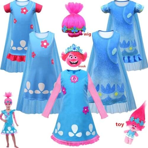 Trolls 2 Poppy Costumes Kids Halloween Costumes Fancy Girls Cosplay costumes Girls Elf World COS Clothing dress+cloak+wig Set