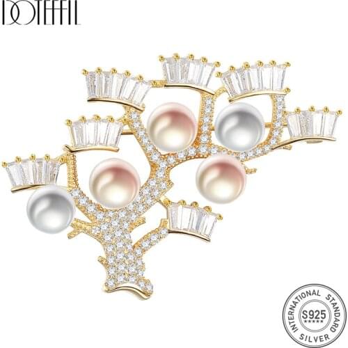 DOTEFFIL 925 Sterling Silver AAA Zircon Pearl Tree Branch Gold Brooch For Woman Fashion Wedding Engagement Party Charm Jewelry