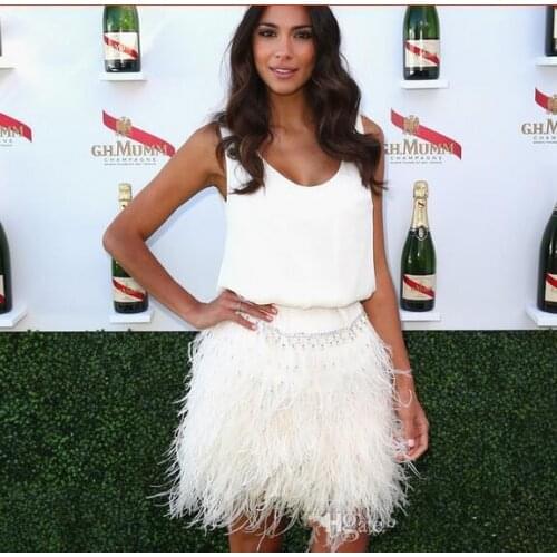 Elegant Cocktail Dresses Sheath Scoop Short Mini Feather Beaded Backless Homecoming Dresses