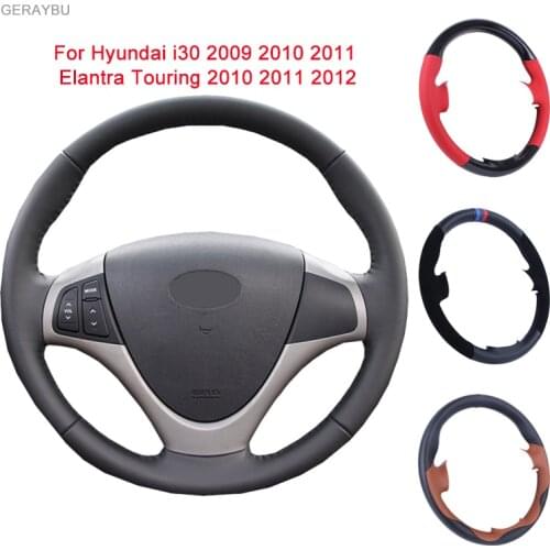 GERAYBU Custom DIY Black Leather Hand-sewn Car Steering Wheel Cover For Hyundai i30 2009 2010 2011 Elantra Touring 2010-2012
