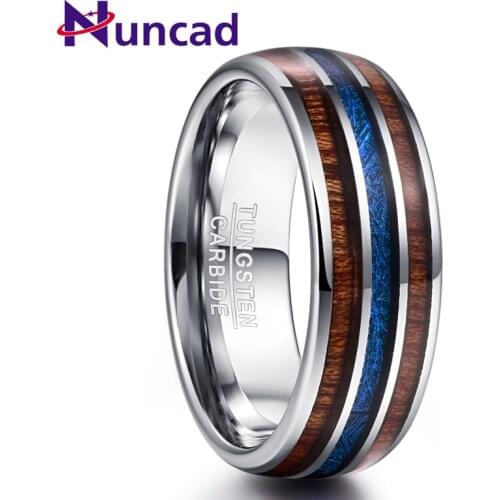 Nuncad Polished 8MM Hawaiian Koa Wood Men Ring Full Size Wedding Bands Blue Imitation Vermiculite 100% Tungsten Carbide Ring